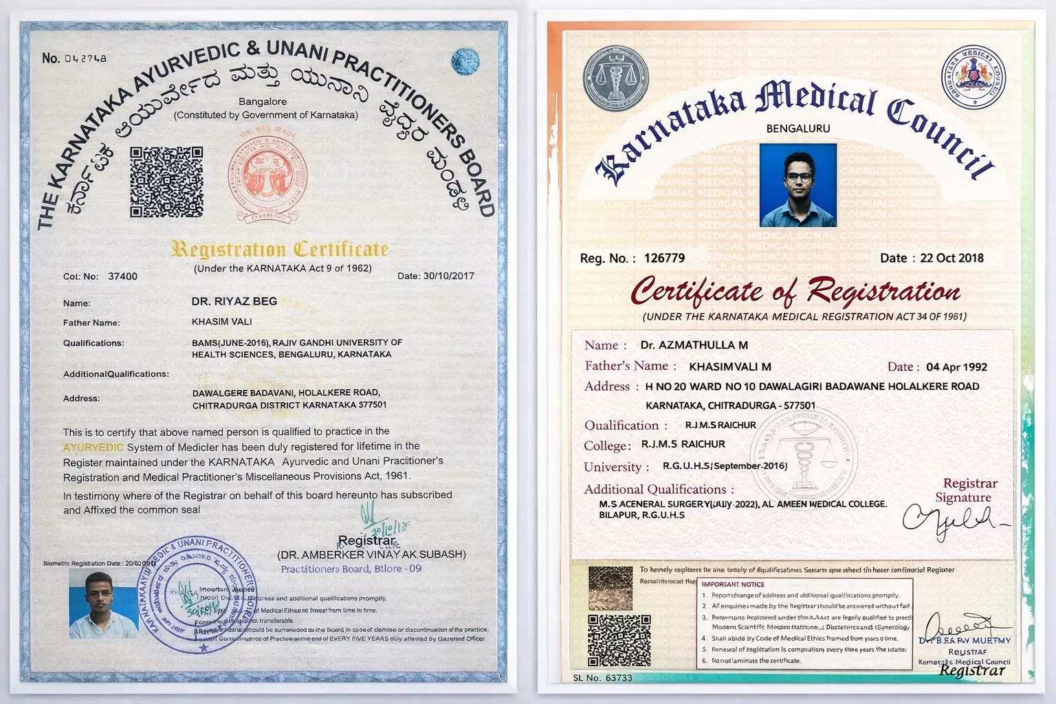 Doctors registration and degree certificates